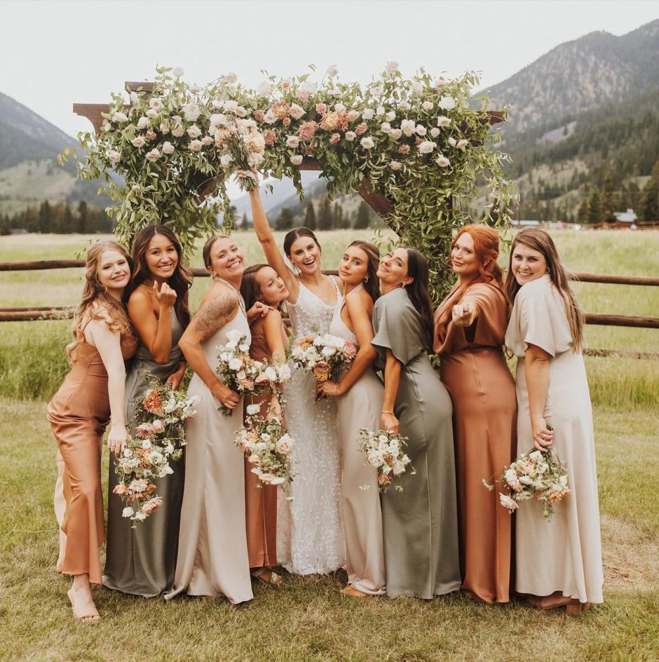 Montana wedding with bridesmaids and mountain backdrop